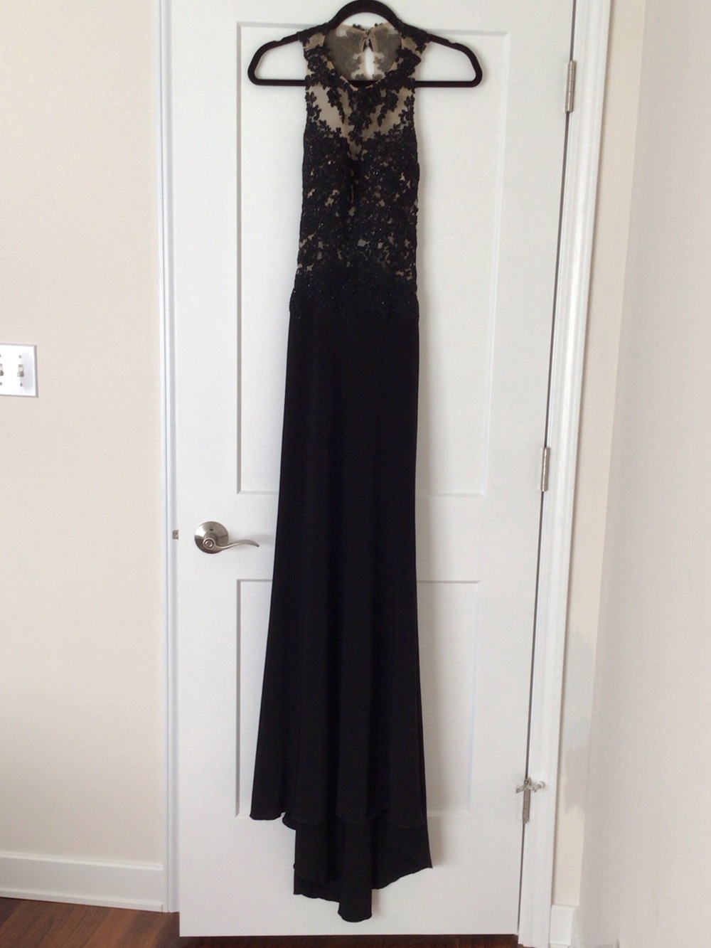 madison james Black Lace Appliqué Illusion Gown